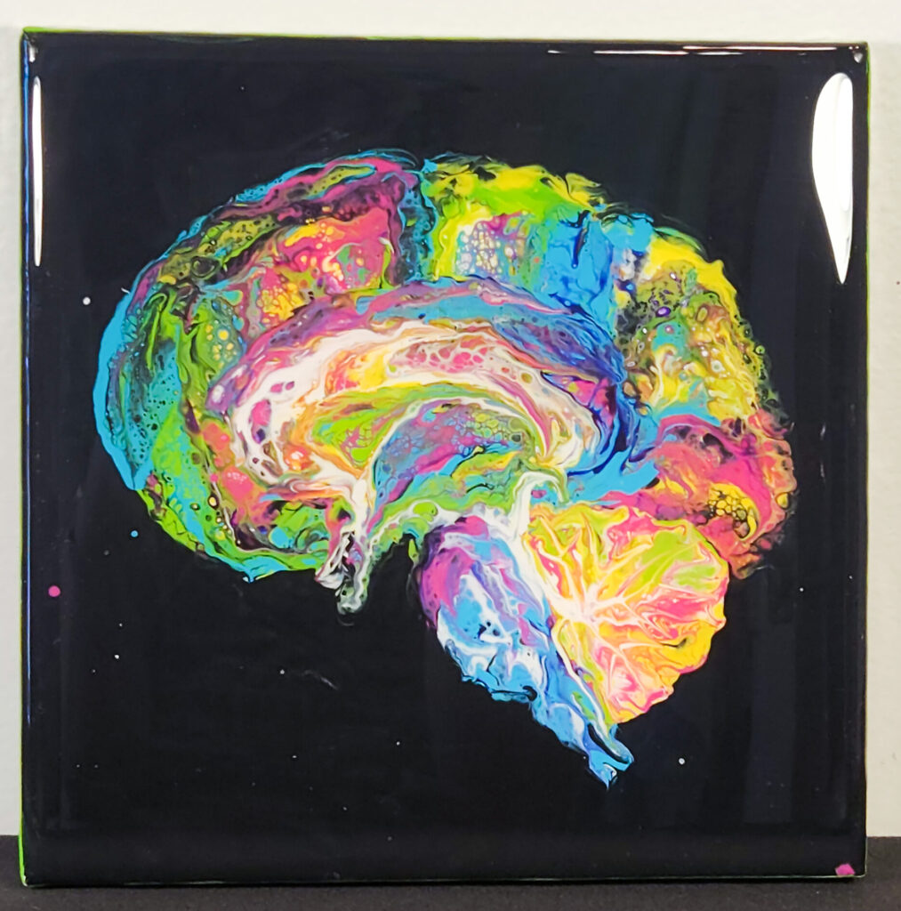 Midsagittal Brain 6 8x8in black canvas with middle-section view human brain painted in pink, bright green, yellow and teal blue and coated with glossy epoxy resin