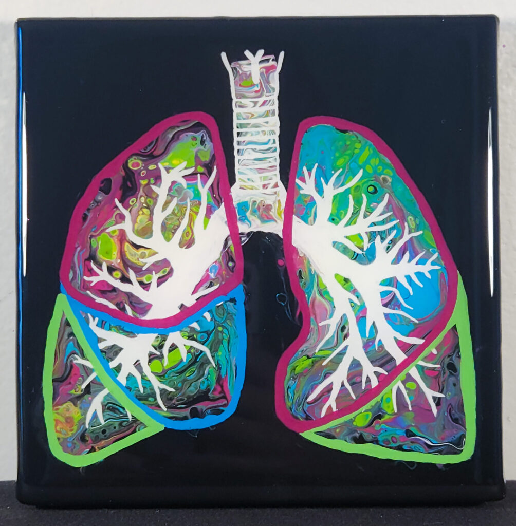Breathe 3 full black 6x6in canvas with lungs painted in magenta, blue, and green with white bronchi and trachea and coated with glossy epoxy resin