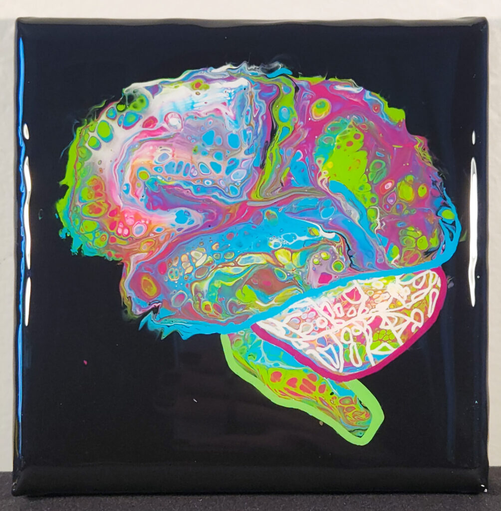 Neural Profile 6 6x6in black canvas with side view human brain painted in pink, bright green, and teal blue and coated with glossy epoxy resin