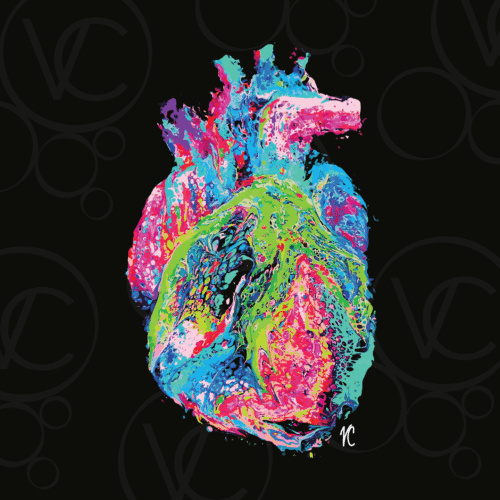 Abstract digitalization of a human anatomical heart in pink, blue, green, and purple on a black background.