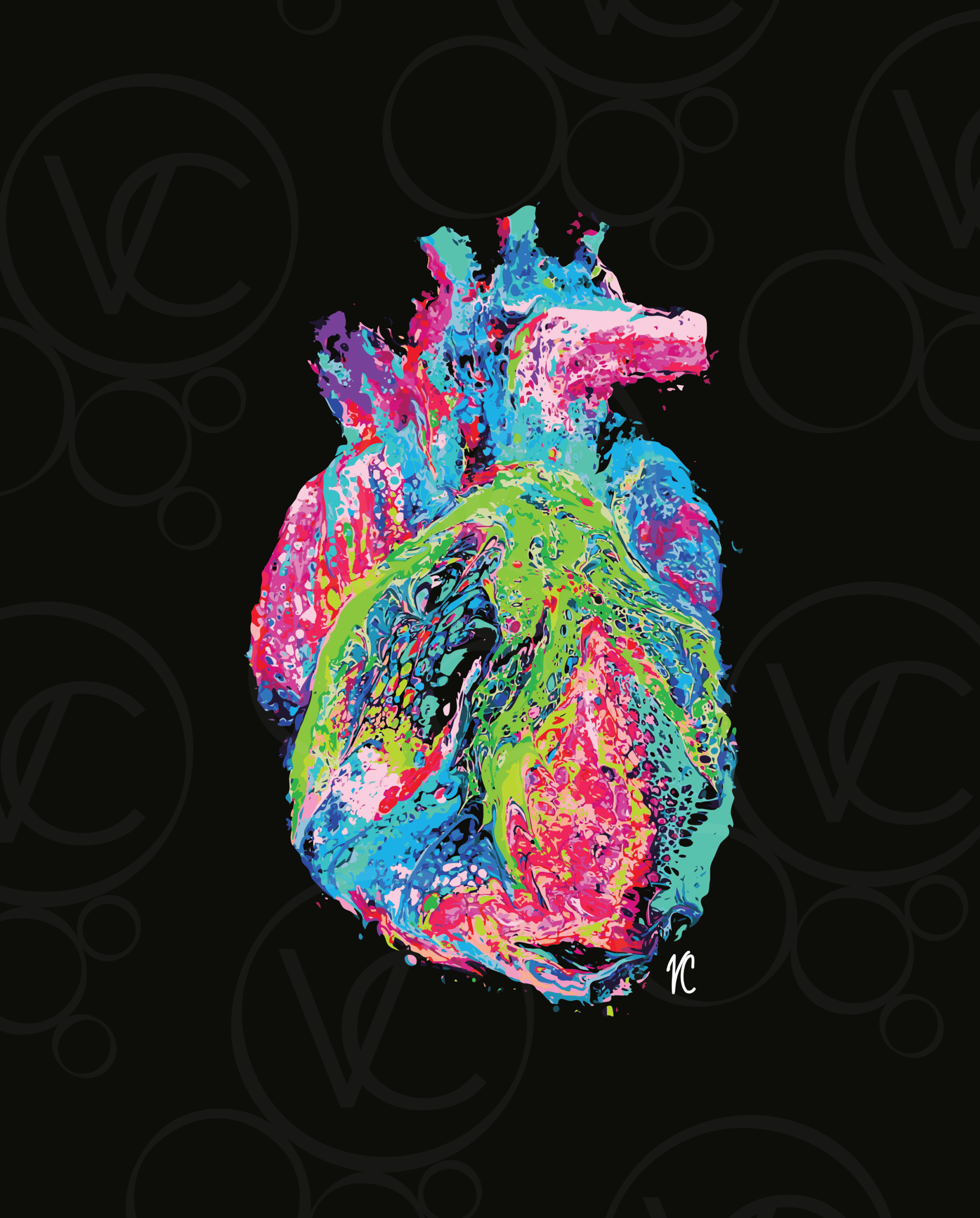 Abstract digitalization of a human anatomical heart in pink, blue, green, and purple on a black background.
