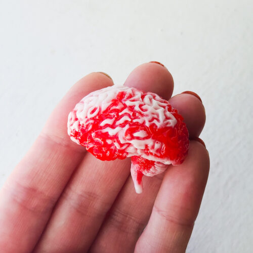 3D resin magnet shaped like a human brain, colored with red and white opaque swirls.