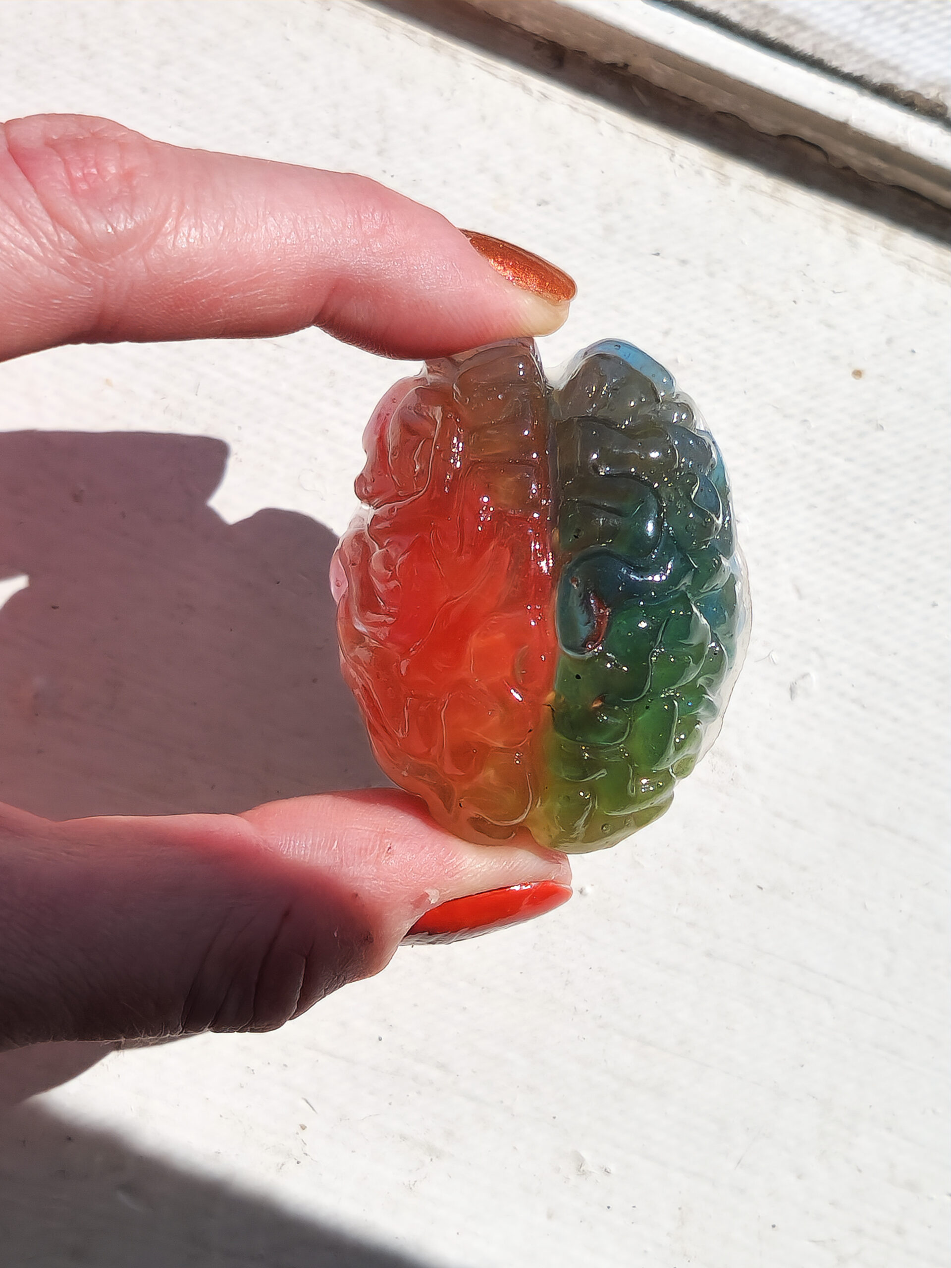 3D resin brain magnet being held out in the sunlight highlighting it's translucent rainbow color