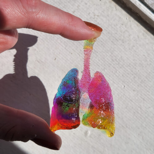 Glossy 3D human lungs held up in the sunlight, showing its translucent yellow, pink, and blue hue with holographic flecks.