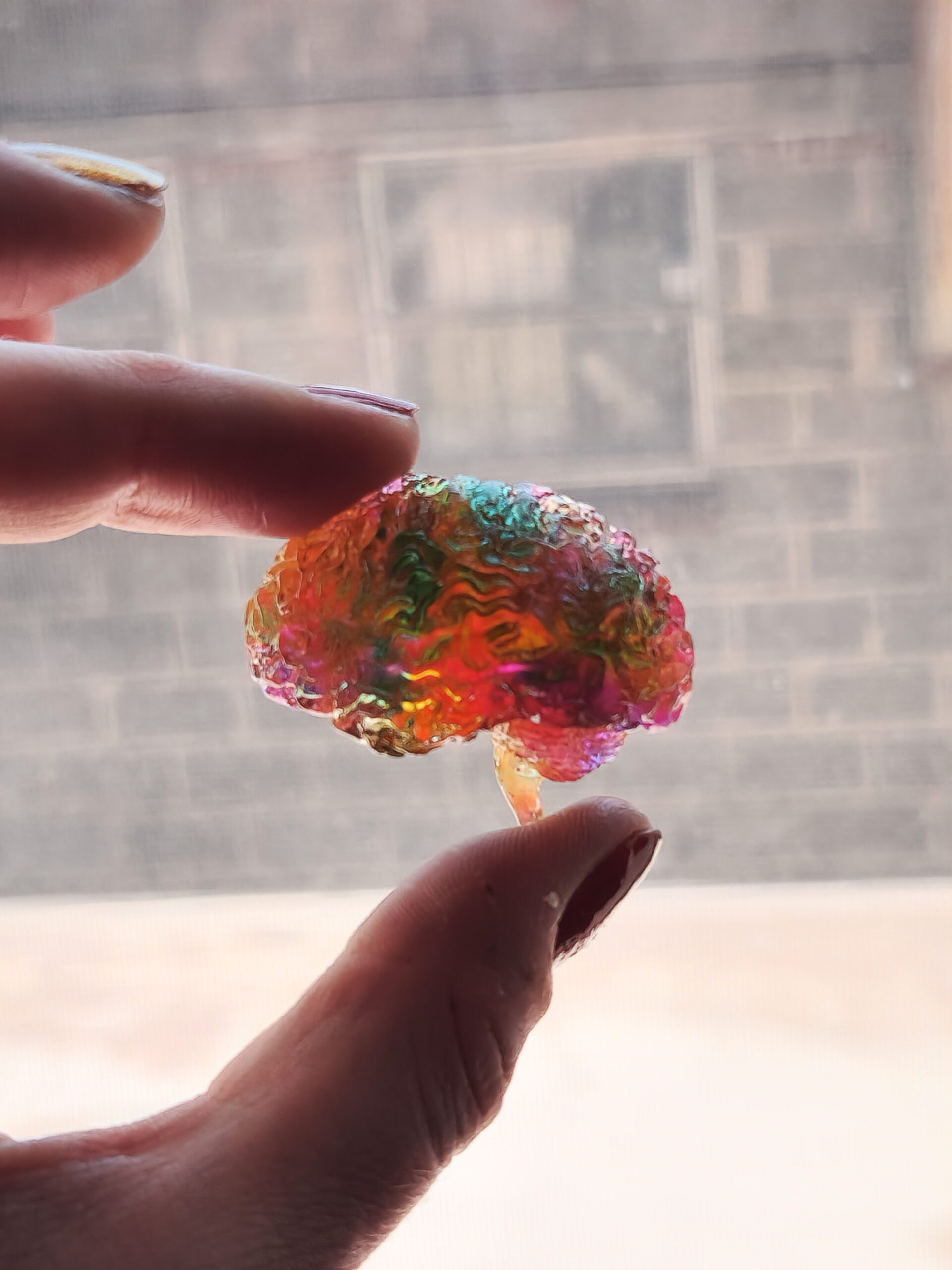 Glossy 3D human brain in side view, held up in the sunlight, showing its translucent yellowish pink hue with teal swatches and holographic flecks.