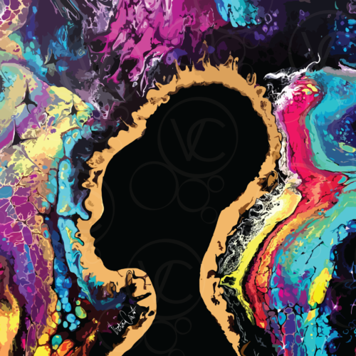 abstract digital art of a Black woman's silhouette in the center with a gold halo radiating from it. Surrounding the profile are swirls in pink, orchid, teal, and yellow and black, with tiny neurons scattered in the top left corner and the bottom right corner