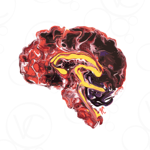 abstract digital human brain art, with the cortex and brainstem shown in pink, orange, red, and dark purple, the corpus callosum in gold, and the cerebellum in dark purple, all on a white background