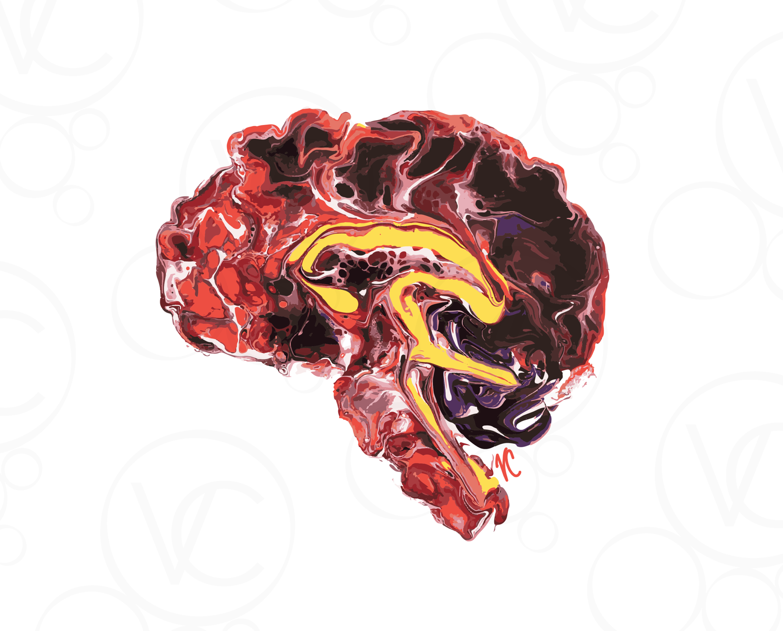 abstract digital human brain art, with the cortex and brainstem shown in pink, orange, red, and dark purple, the corpus callosum in gold, and the cerebellum in dark purple, all on a white background