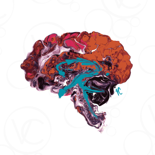 abstract digital human brain art, with the cortex shown in copper and magenta, the corpus callosum in turquoise, and the cerebellum and brainstem in dark purple, all on a white background