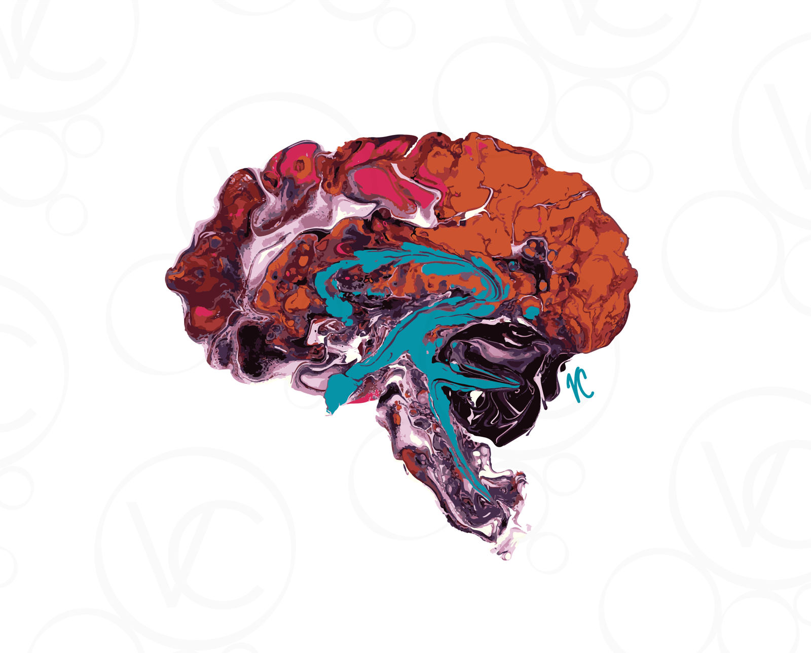 abstract digital human brain art, with the cortex shown in copper and magenta, the corpus callosum in turquoise, and the cerebellum and brainstem in dark purple, all on a white background