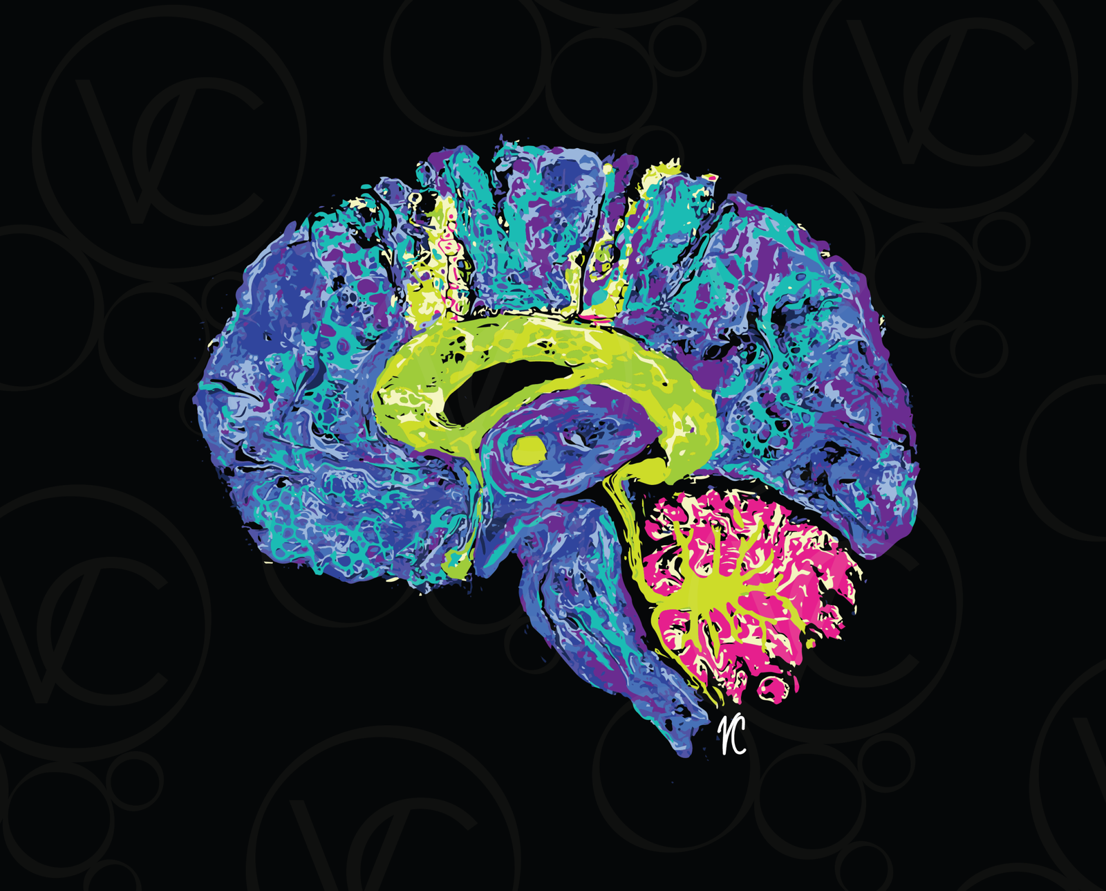 abstract digital human brain art, with the cortex and brainstem shown in blues, purples, and teals, the corpus callosum in bright greens, and the cerebellum and in pinkish red, all on a black background