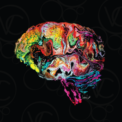 abstract digital art of a human brain in a swirl of yellow, green, orange, pink, and blue, all on a black background