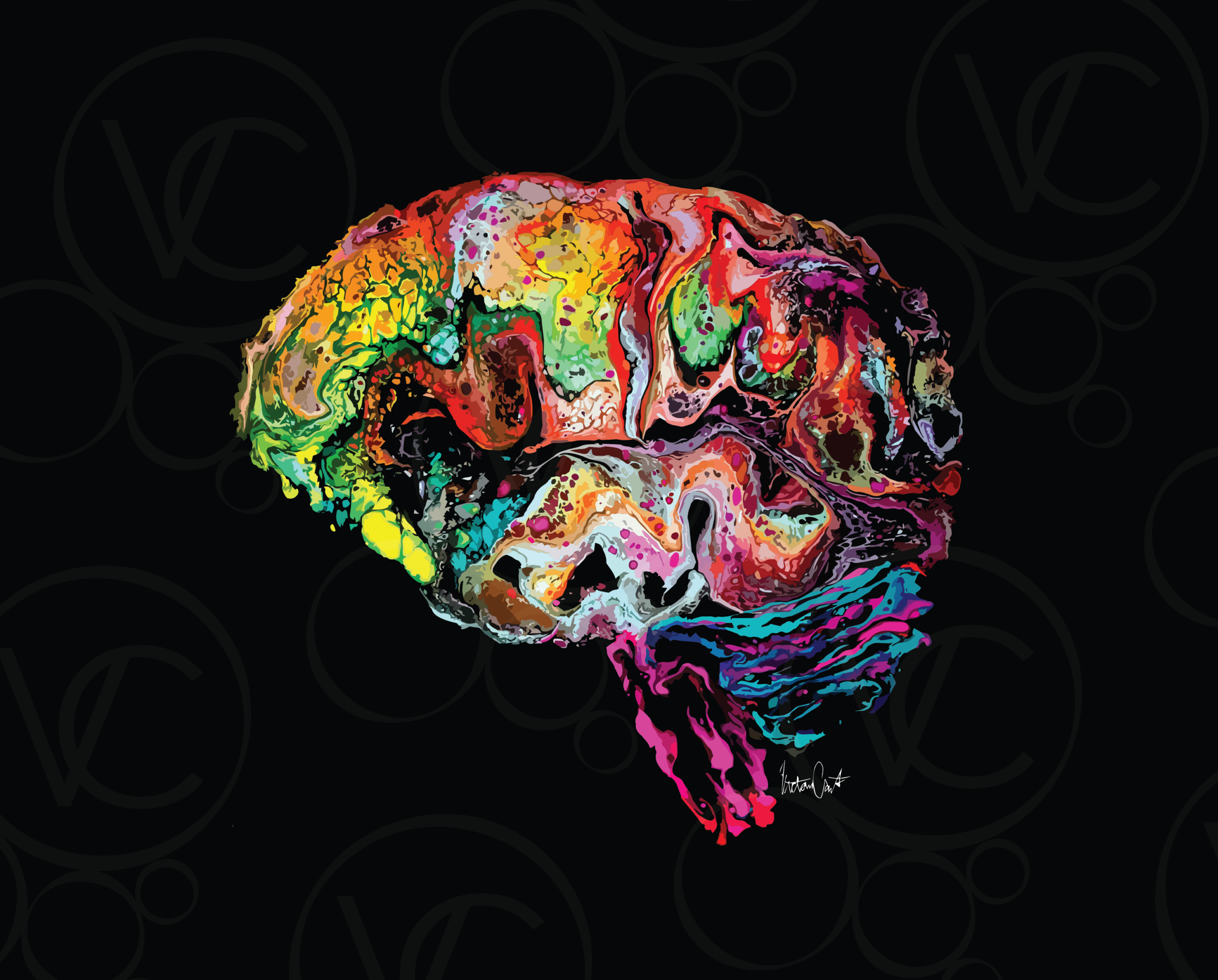 abstract digital art of a human brain in a swirl of yellow, green, orange, pink, and blue, all on a black background