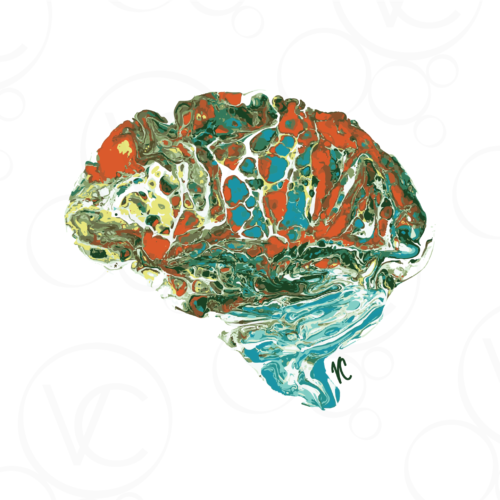 abstract digital art of a human brain in a swirls and circles of copper, teals, and greens, all on a white background
