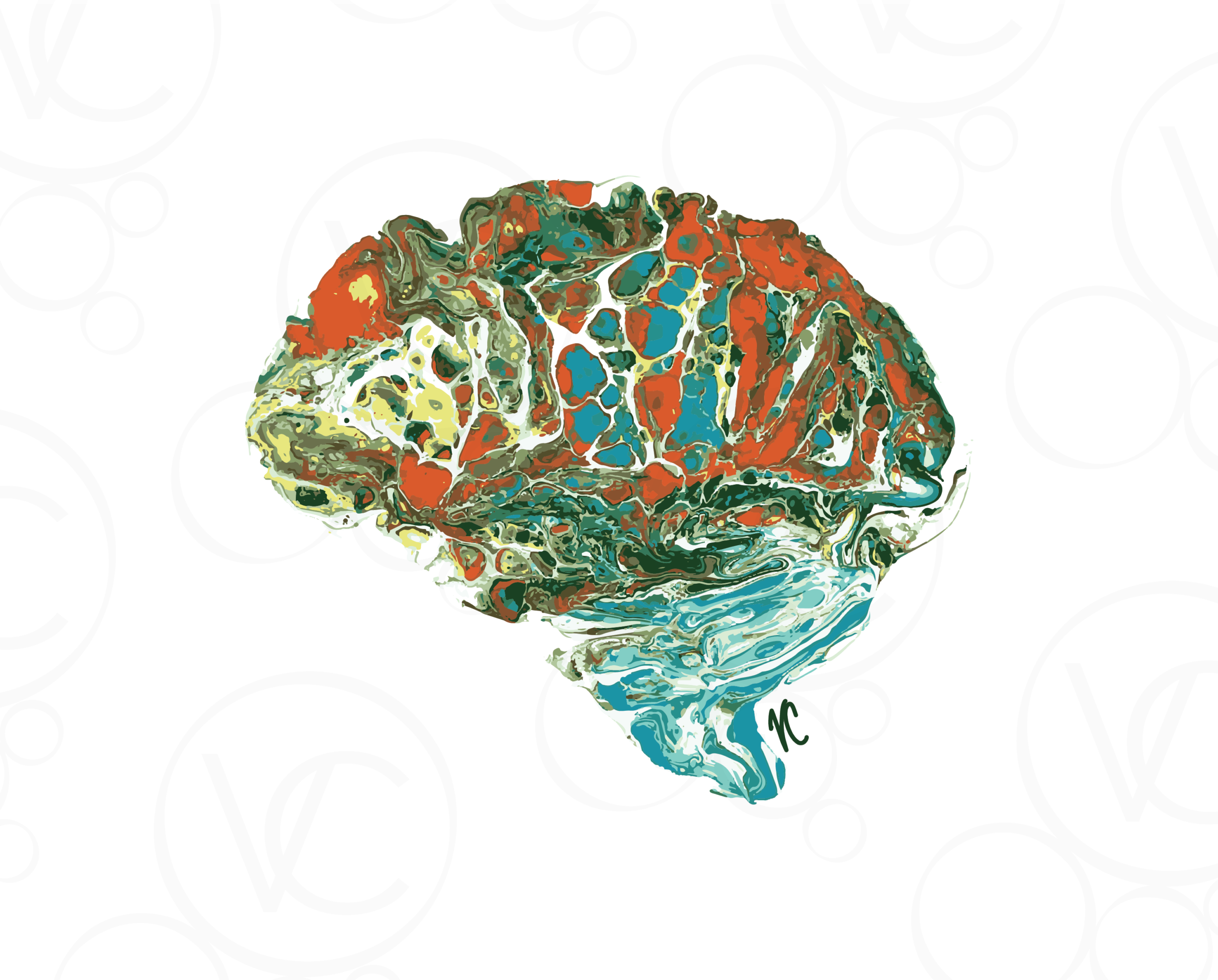 abstract digital art of a human brain in a swirls and circles of copper, teals, and greens, all on a white background