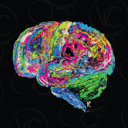abstract digital art of a human brain in swirls and circles of pink, blues, greens, and purple, all on a black background