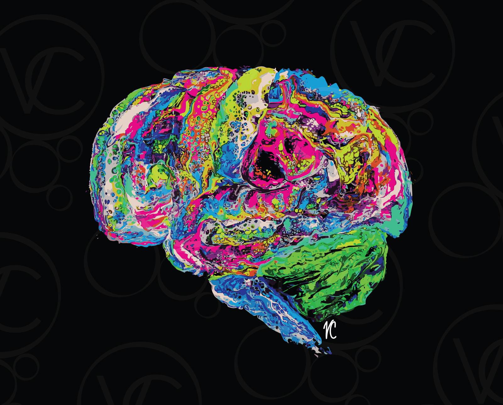 abstract digital art of a human brain in swirls and circles of pink, blues, greens, and purple, all on a black background