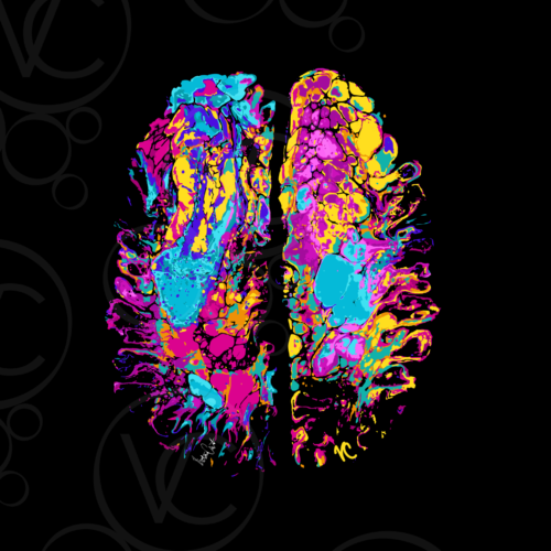 abstract digital art of a top view of human brain in swirls of pinks, orange, purple, yellow, and light blue, all on a black background