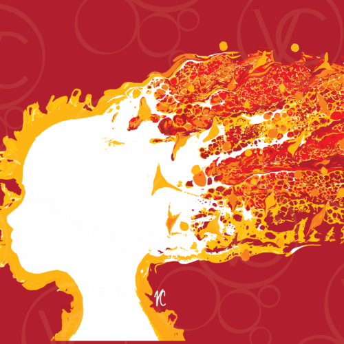 abstract digital art of a woman's silhouette facing to the left with "hair" blowing behind her, on a deep red background. Silhouette is surrounded by a gold sunburst and the hair is a mix of red and orange swirls and gold circles and shapes.
