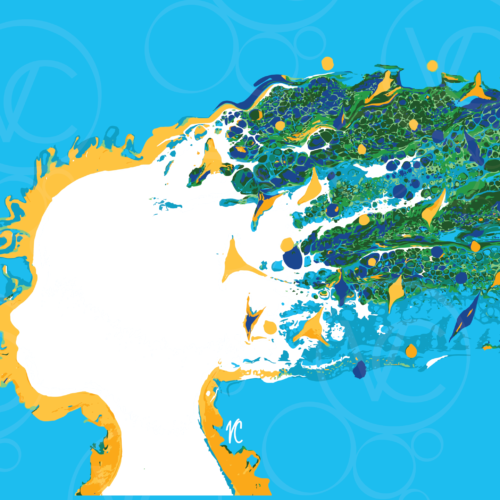 abstract digital art of a woman's silhouette facing to the left with "hair" blowing behind her, on a sky blue background. Silhouette is surrounded by a gold sunburst and the hair is a mix of green and blue swirls and gold circles and shapes. shapes.